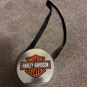 Vintage Harley-Davidson Silver Tin Purse with Black Strap and Orange Logo